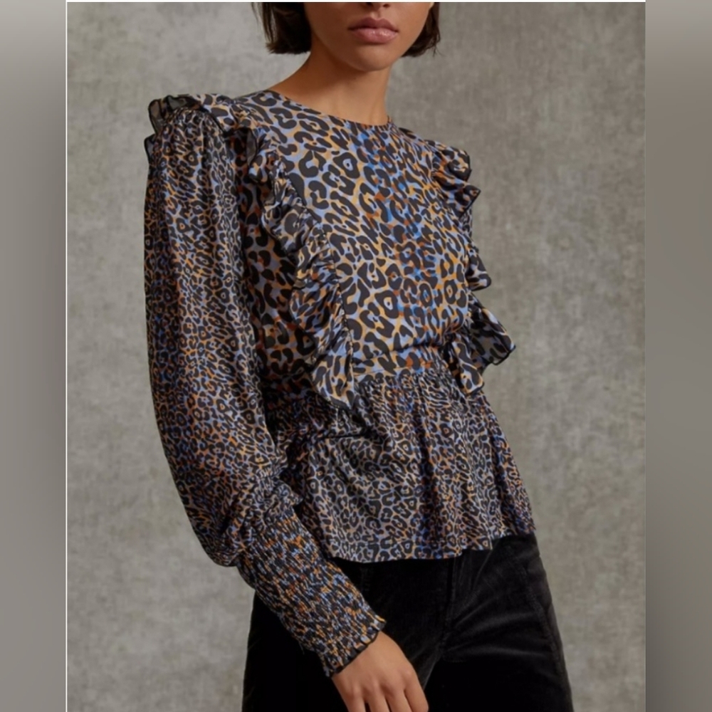 Anthropologie Bl^nk Moira Animal Print Ruffled Peplum Top